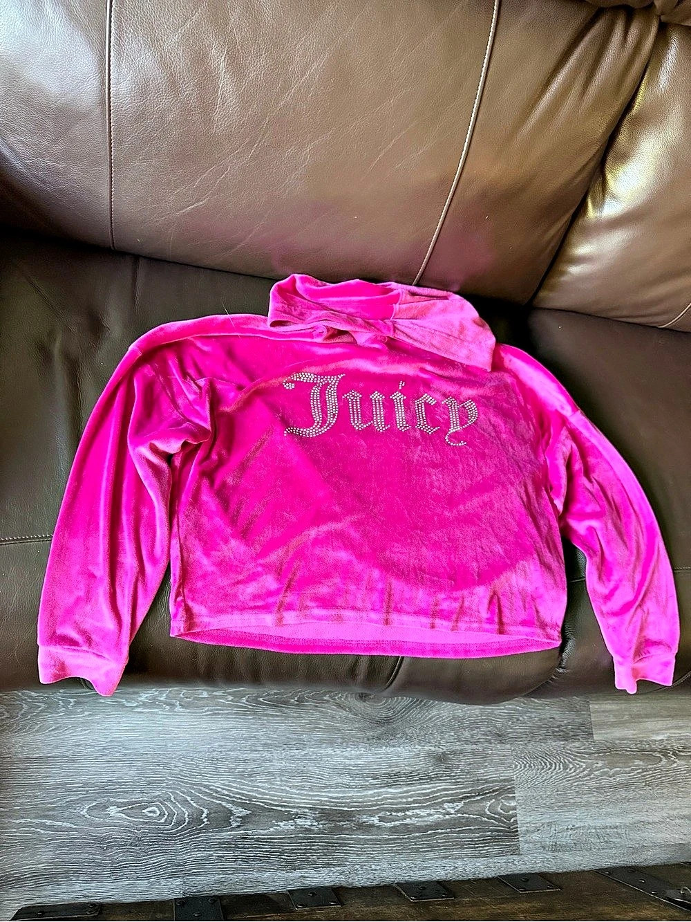 Juicy Couture Velour Rhinestone Script Logo Hoodie Logo Hoodie fuchsia